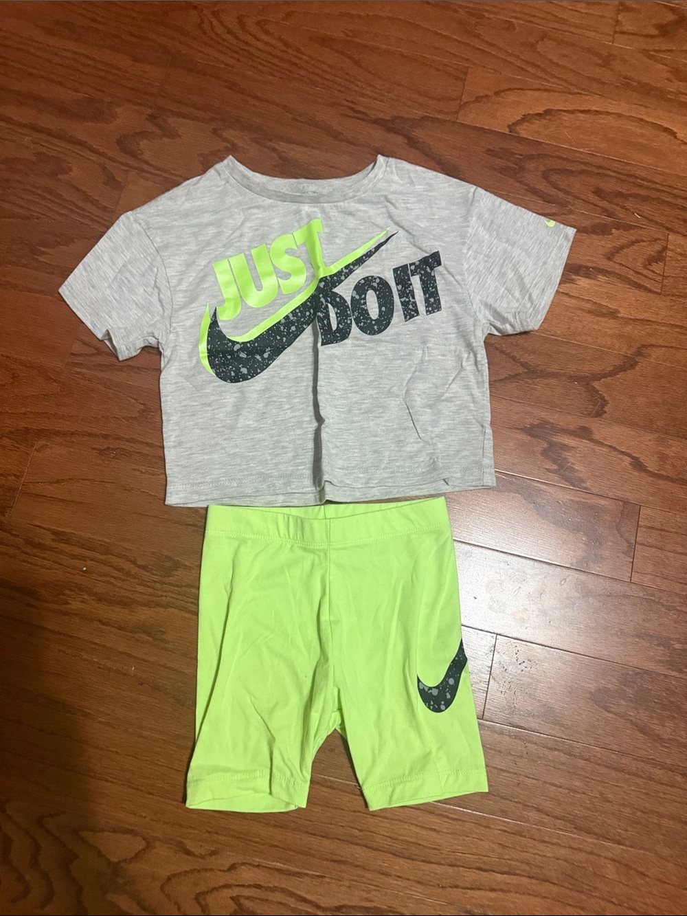 Kids Nike Grey Crop Tee with Neon Green 'Just Do It' & Neon Green Bike Shorts